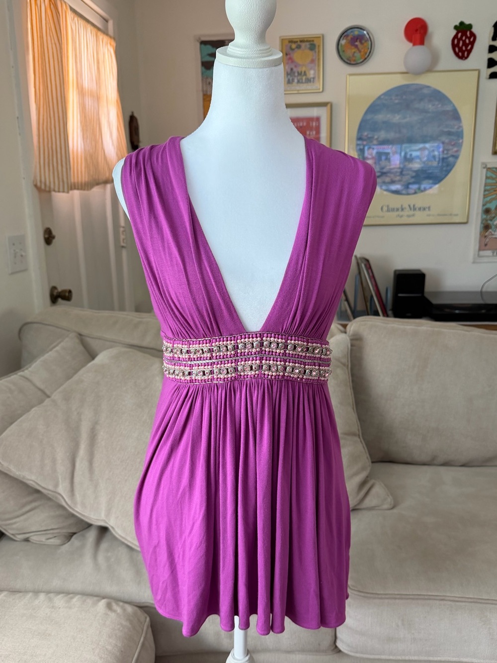 Y2K 2000s Skye Pink / Magenta Top or Tunic Babydoll-Style Beaded Top Size Large